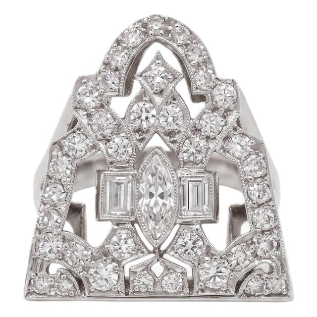 Antique 14k White Gold Art Deco Cocktail Ring With 1.5 CTW Diamonds, Size 4.5 For Sale