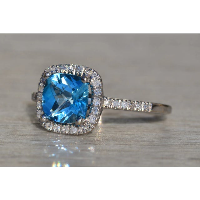 The San Bruno: Ladies 14K Checkerboard Cushion Cut Topaz and Diamond Halo Ring For Sale - Image 4 of 10