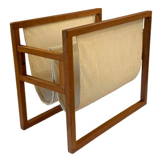 Vintage Danish Modern Teak & Linen Double Pocket Magazine Holder For Sale