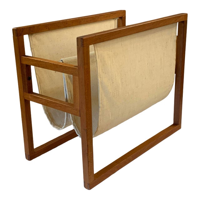 Vintage Danish Modern Teak & Linen Double Pocket Magazine Holder For Sale