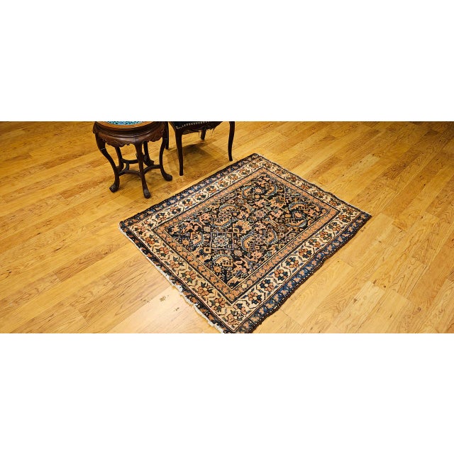 Vintage Persian Malayer Area Rug, Hand-Knotted Wool, Geometric Pattern, 4x4, Navy & Ivory For Sale - Image 4 of 14
