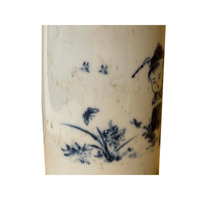 Chinese Distressed White Porcelain Blue Kid Playing Graphic Holder Vase For Sale In San Francisco - Image 6 of 10