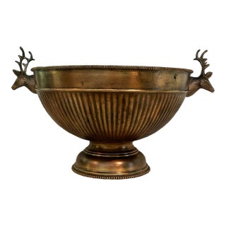 Vintage Antique Finish Brass 12.5” Pedestal Centerpiece Bowl With Stag Deer Head Handles For Sale