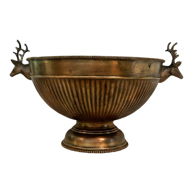 Vintage Antique Finish Brass 12.5” Pedestal Centerpiece Bowl With Stag Deer Head Handles For Sale