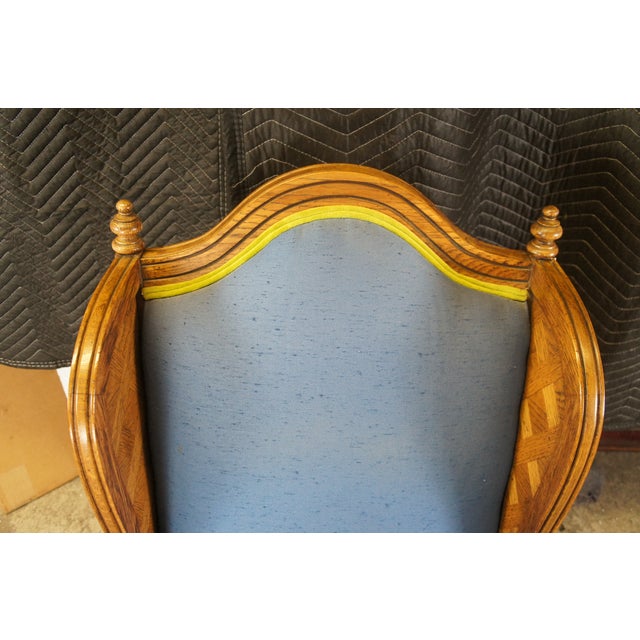 1970s Vintage Thomasville Louis XV Style Parquetry Oak Carved Library Wingback Chair For Sale - Image 5 of 13