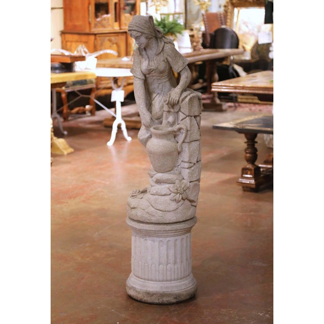 French Mid-Century French Cast Stone Garden Figure of Woman at Well on Fluted Pedestal For Sale - Image 3 of 13