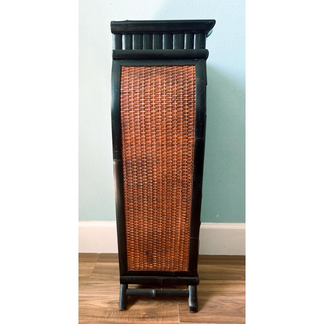 Mid 20th Century Vintage Ebonized Black Bamboo & Woven Rattan Two-Drawer Cabinet – Chinoiserie / British Colonial For Sale - Image 5 of 13