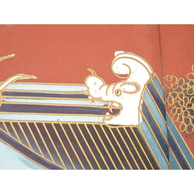 Antique Oriental Asian Red Coromandel Six Panel Folding Screen Palace Scene For Sale - Image 15 of 18