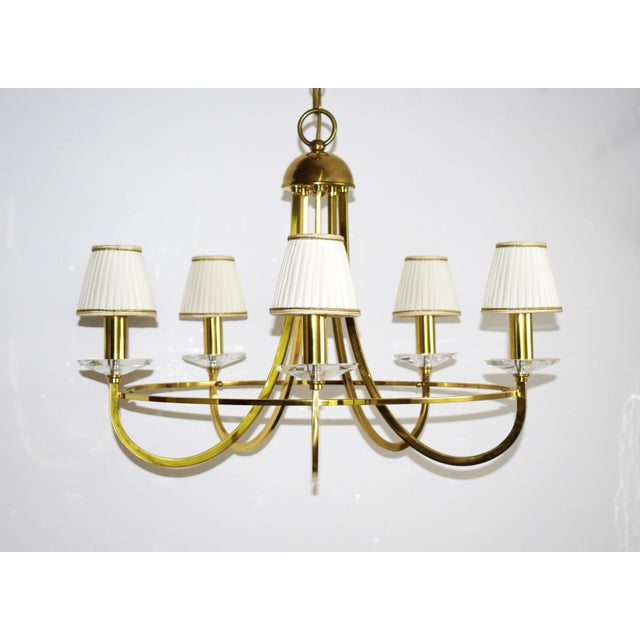 High-quality Art Nouveau ceiling lamp. Polished brass, hand-cut glass, and silk shades. Later model, circa 1970. Excellent...