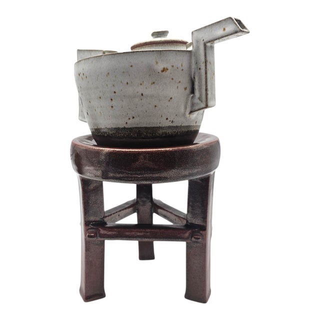 Late 20th Century Postmodern Memphis Style Studio Stoneware Teapot on Ceramic Pedestal 16.5" For Sale - Image 5 of 12