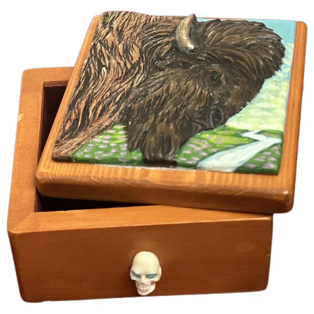Ooak, Carved,Wood, Buffalo Box/Skull Turquoise For Sale - Image 10 of 10