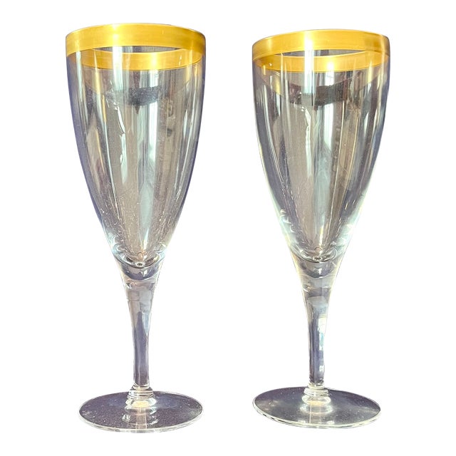 1960s Mid-Century Retro Gold Rimmed Tulip Flutes Toasting Pair - Set of 2 For Sale