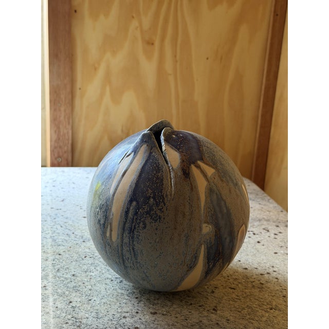 Studio Pottery Orb Vase wirh Pinched Organic Opening and Drip Glaze, 1940 For Sale - Image 6 of 13