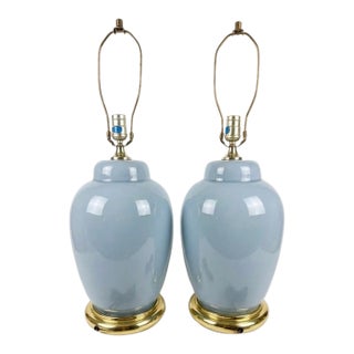Vintage Pair 1970s Ceramic Table Lamps Powder Blue Ginger Jar Brass Base MCM For Sale