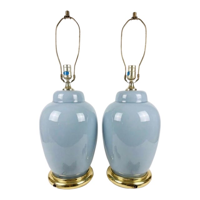 Vintage Pair 1970s Ceramic Table Lamps Powder Blue Ginger Jar Brass Base MCM For Sale