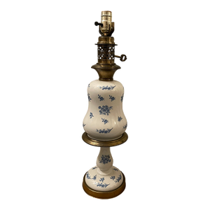 Vintage White and Blue Floral Porcelain Lamp With Brass Accents