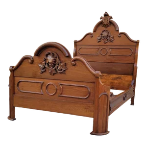 Antique Renaissance Victorian Eastlake Carved Black Walnut Full Size Bed Frame