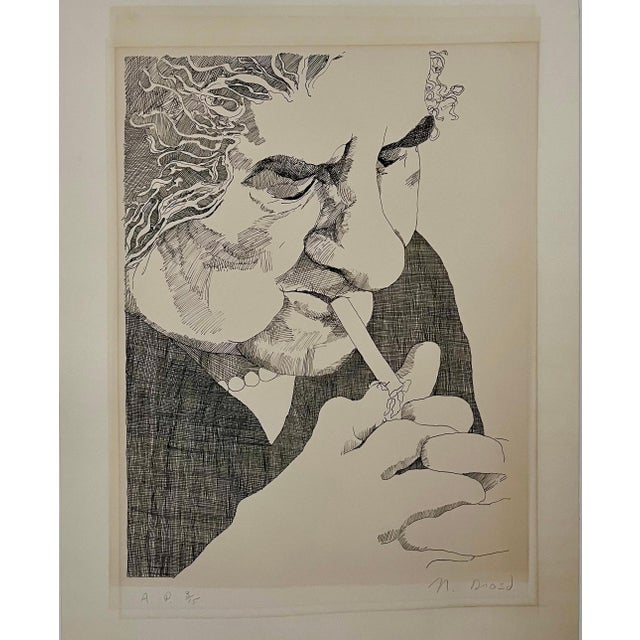 Nancy Drosd, Golda Meir Israeli Woman Prime Minister Smoking Cigarette Ink Line Etching Print, 1972 For Sale - Image 4 of 10