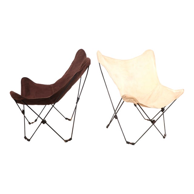 2 Mid Century Canvas Sling Butterfly Chairs on Folding Wrought Iron Frames For Sale