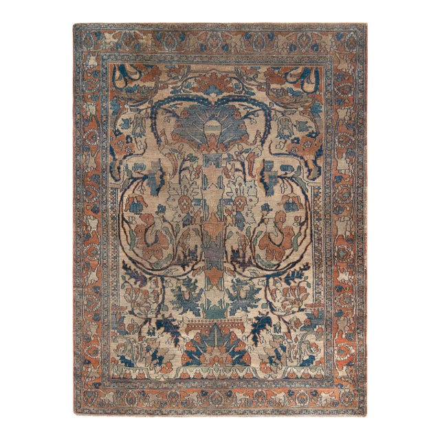 Hand-Knotted Antique Doroksh Rug in Beige Blue Floral Pattern by Rug & For Sale