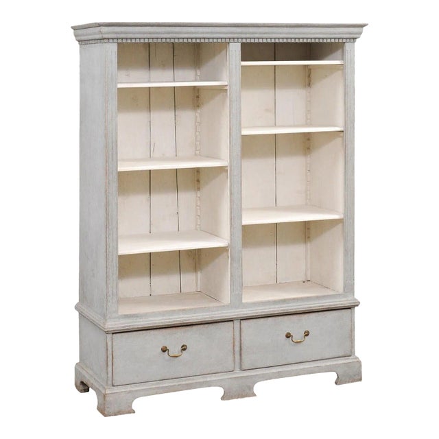 Swedish 1850s Gray Painted Bookcase with Open Shelves and Two Drawers For Sale