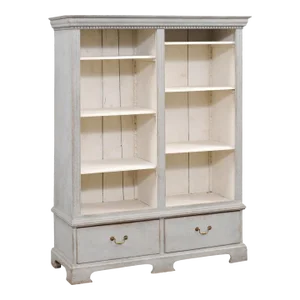 Swedish 1850s Gray Painted Bookcase with Open Shelves and Two Drawers