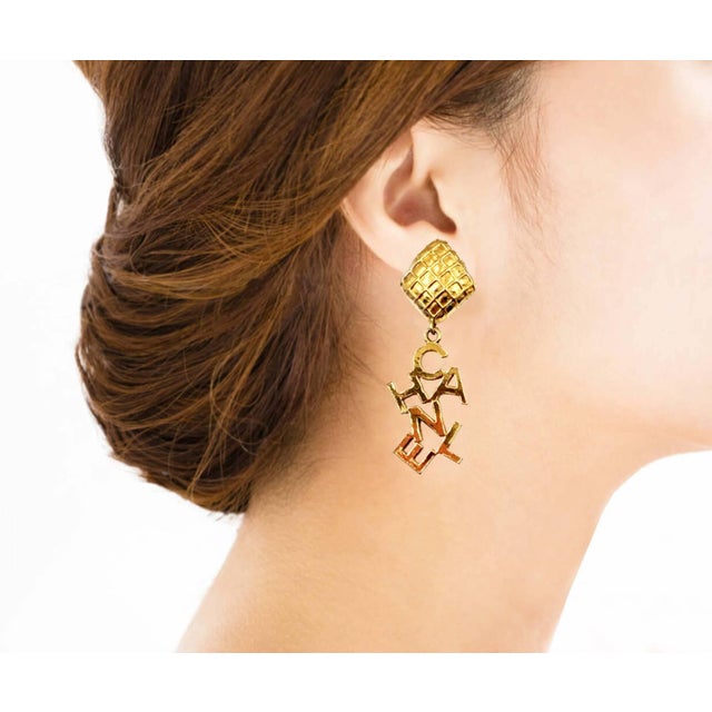 Contemporary Chanel Vintage Gold Plated Quilted Argyle Letter Drop Clip on Earrings, A Pair For Sale - Image 3 of 6