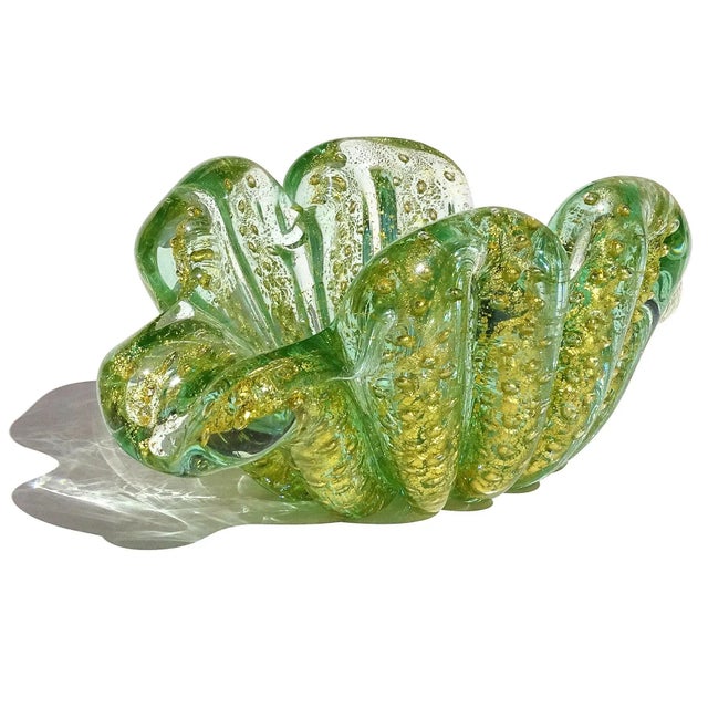 Mid-Century Modern Vintage Murano Barovier Toso Green Control Bubbles Gold Flecks Italian Art Glass Flower Form Bowl Ashtray For Sale - Image 3 of 6
