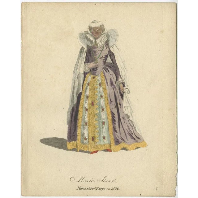 Antique costume print titled 'Maria Stuart - Marie Reine d'Ecosse en 1570'. This print depicts Mary, Queen of Scots. She...