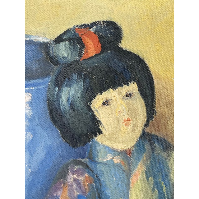 A French Oil on Canvas Japanese Style Painting of a Doll For Sale - Image 9 of 9