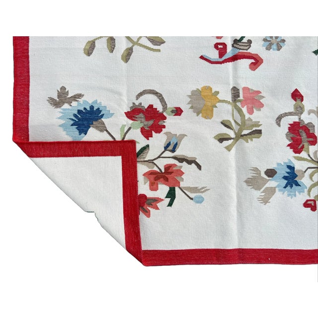 Casa Cosima Handmade Cotton Flower Patterned Rug Cream With Blue Green Beige & Red Border -8'x10' For Sale - Image 4 of 11