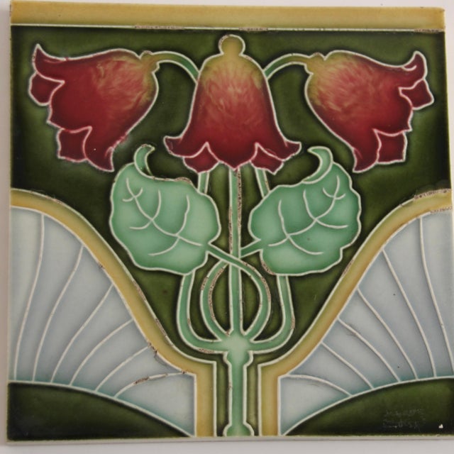 Ceramic Antique Art Nouveau Embossed Tiles with Bellflower Motif, Germany, 1900s, Set of 3 For Sale - Image 7 of 7