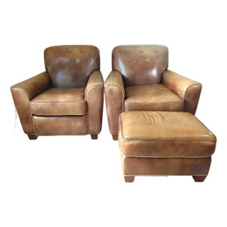 Pair of Matching Leather Club Chairs With Ottoman For Sale