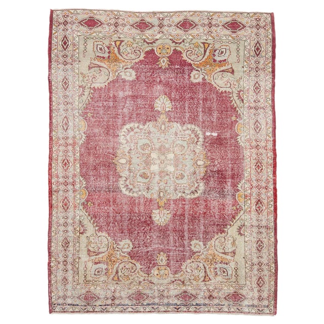 1960s Vintage Distressed Turkish Oushak Rug- 5′10″ × 8′ For Sale