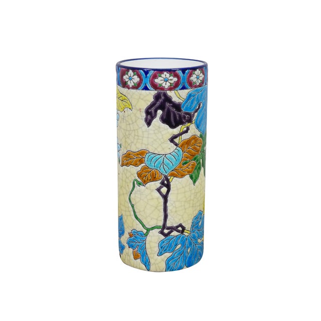 Art Deco Antique French Longwy Emaux Cloisonne Enamel Grapevine Ceramic Cylinder Vase 7" For Sale - Image 3 of 10