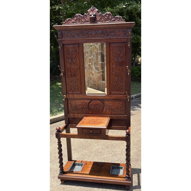 Wood Antique European Hall Tree With Center Mirror, Glove Box and Umbrella Stands For Sale - Image 7 of 11