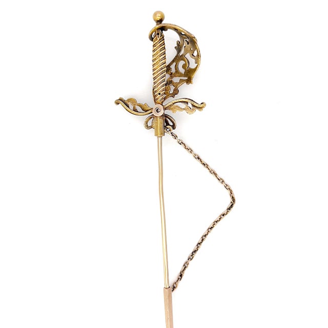 Antique 14k Victorian Sword Jabot Pin, Old European Cut Diamond For Sale - Image 4 of 8