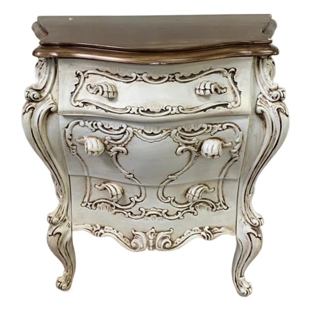 Vintage French Italian Rococo Louis XVI Style Cream Ornate Bombe Nightstand For Sale