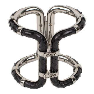 Lanvin Paris Black Python Skin and Gray Steel Clamper Bracelet in Box For Sale