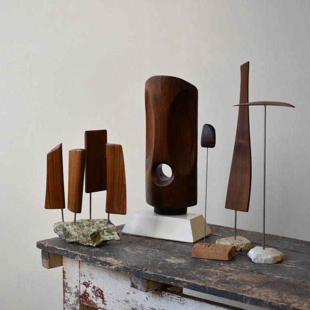 Vintage Large-Scale Kinetic Teak Mask Sculpture Mounted to Painted Wood Tiered Base by Paul Bechtold, Circa Mid 20th...