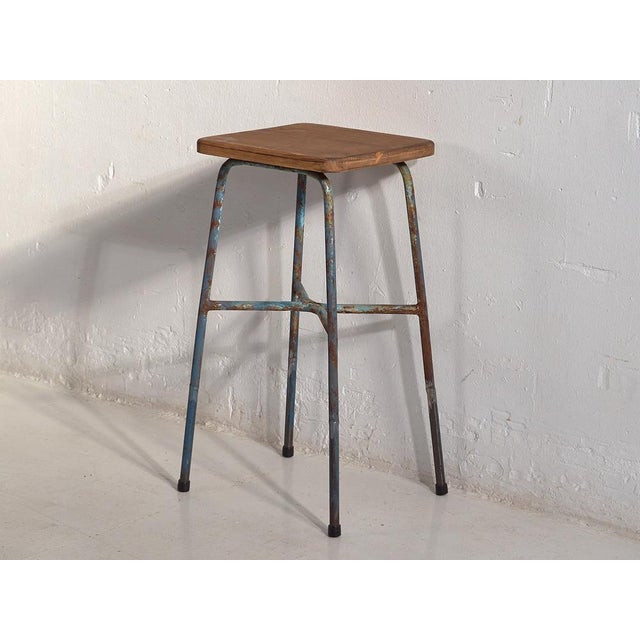 Blue Vintage Industrial Style Metal Stool, France, 1950s For Sale - Image 8 of 10