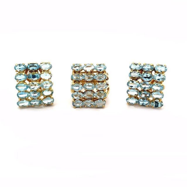 Aquamarine 18k Gold Earrings Ring Set Yellow 5 Row Oval Set Design, 3 Pieces For Sale - Image 10 of 10