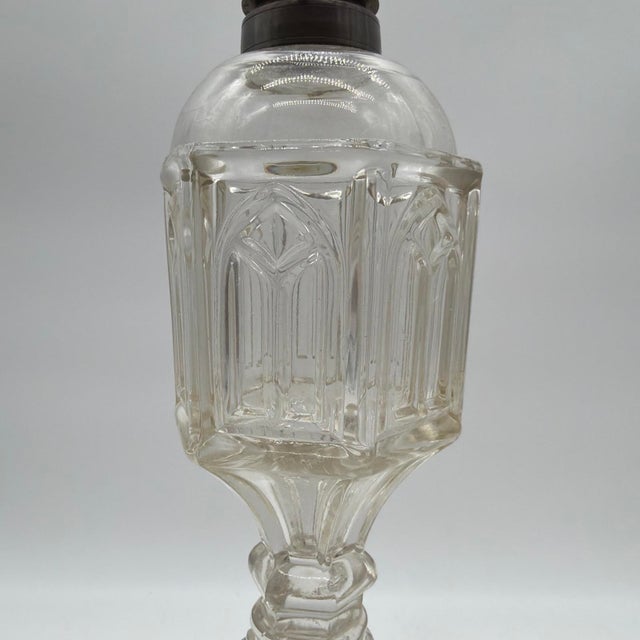 Pair of Gothic Arch Pressed-Glass Oil Lamps, Attributed to Boston & Sandwich, Circa 1850 A handsome pair of mid-19th-...