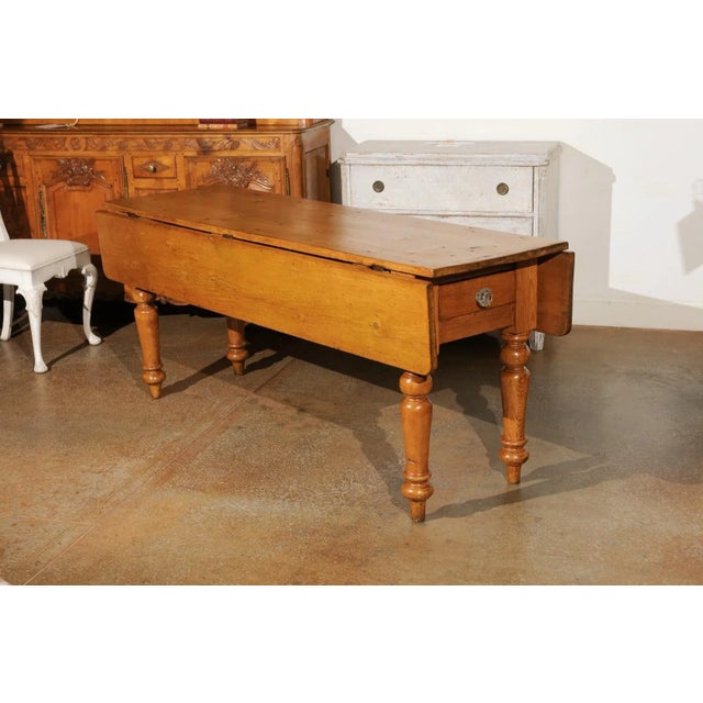 English 1875s Pine Drop Leaf Table with Two Lateral Drawers and Turned Legs For Sale - Image 10 of 13