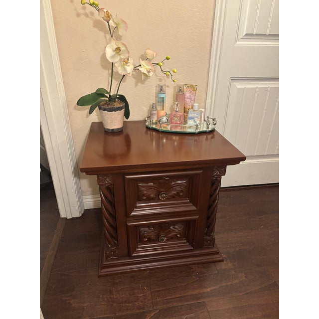 Traditional 1990s Traditional Carved Wood 2-Drawer End Table / Nightstand For Sale - Image 3 of 14