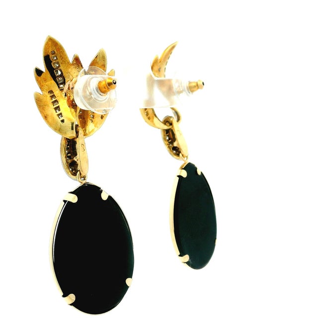 1990s 1990s Pair of Italian 18k Gold Onyx and Diamond Drop Statement Earrings For Sale - Image 5 of 11
