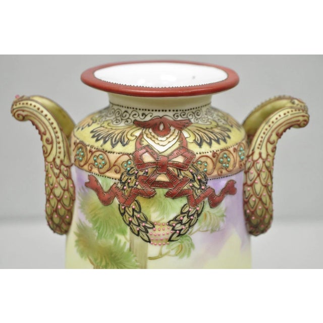 Early 20th Century Antique Nippon Hand Painted Porcelain Countryside Moriage Tall Twin Handle Vase For Sale - Image 5 of 18
