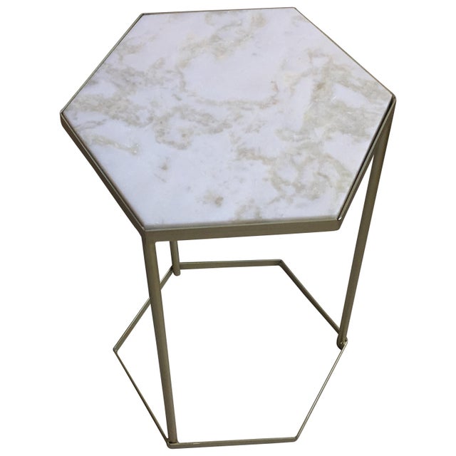 White New Marble-Top and Gilt Painted Iron Hexagonal Side Table or End Table For Sale - Image 8 of 18