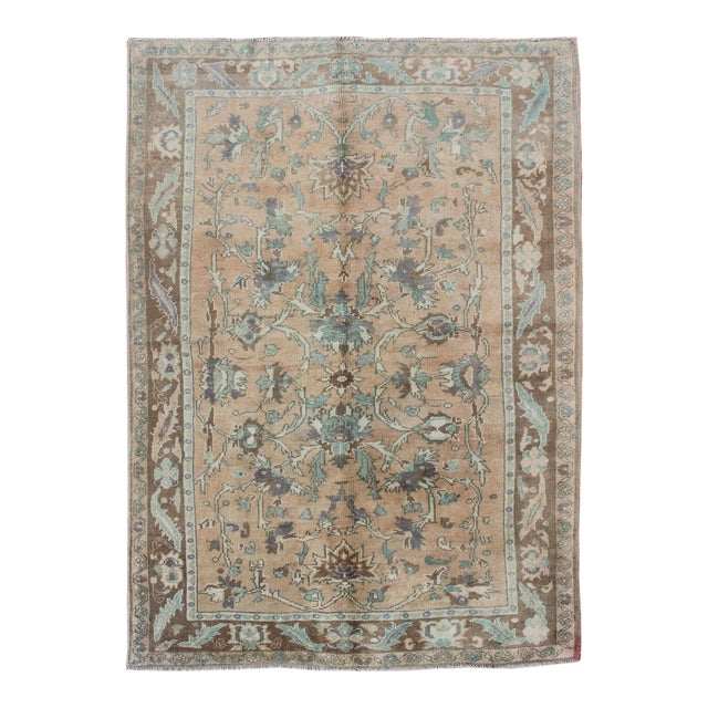 Floral Vintage Turkish Oushak Rug in Cream, Green, Light Peach and