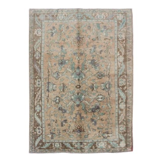 Floral Vintage Turkish Oushak Rug in Cream, Green, Light Peach and Brown 5'1 X 7'8 For Sale
